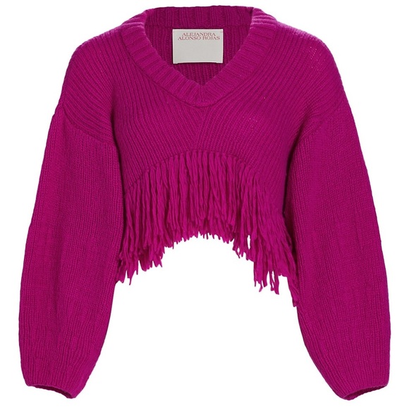Alejandra Alonso Rojas. Cashmere Wool Blend Vee Neck Sweater w/ Fringe. Cropped. - Picture 8 of 13